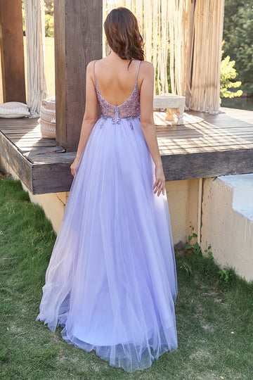 Lavendel Tulle A-line Prom Kjole med Beading